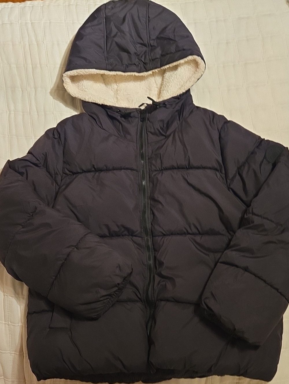 Madden Girl Black Puffer Jacket with Cream Sherpa Hood Lining